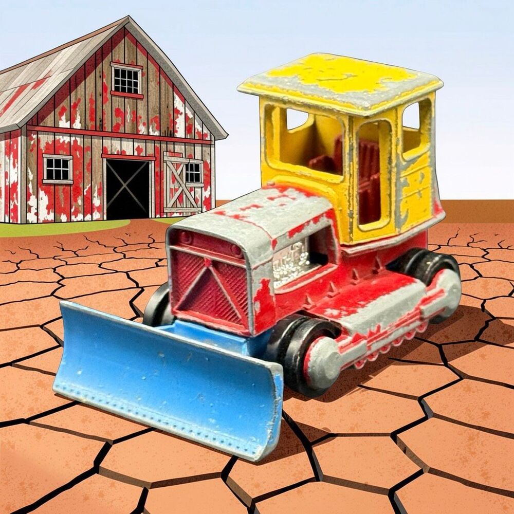 1970s Playart Rare Tri Colored Tractor Plow Yellow Cab Red Tracks Blue Plow A73